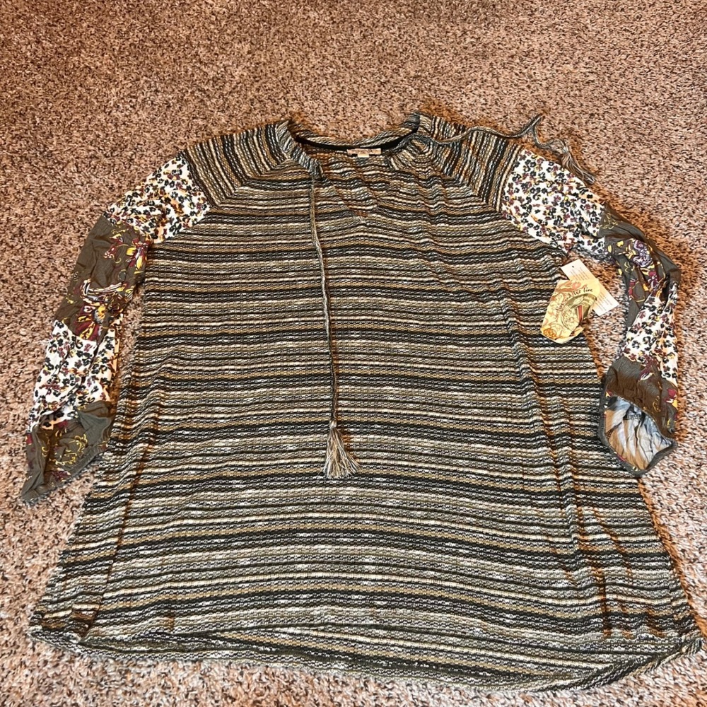 One World Tunic Top Floral Sleeve Striped Boho Festival Cottagecore Size‎ S